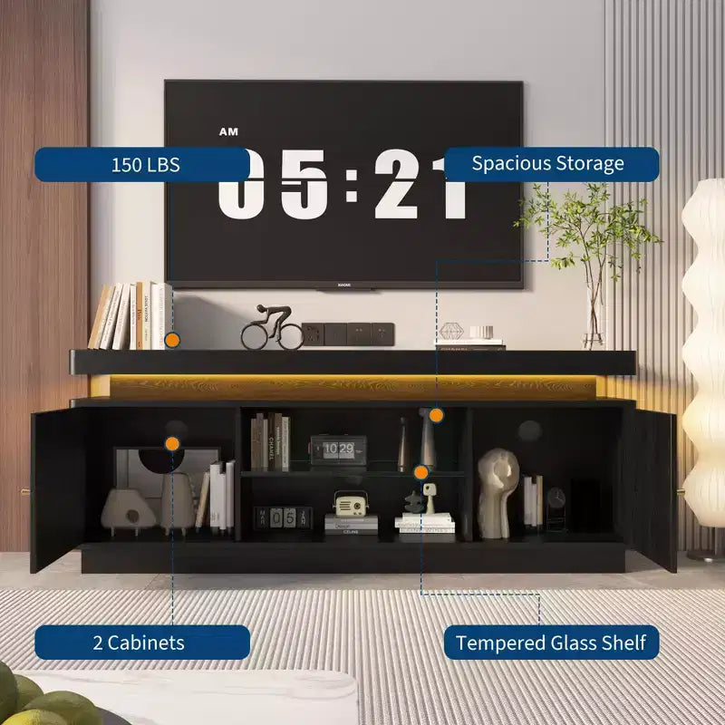 Mobile TV moderno nero/marrone con prese di corrente, adatto per TV fino a 65", 2 ante