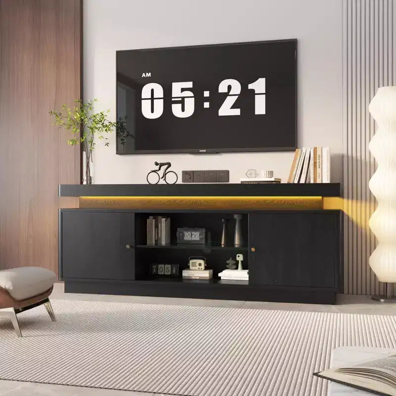 Mobile TV moderno nero/marrone con prese di corrente, adatto per TV fino a 65", 2 ante