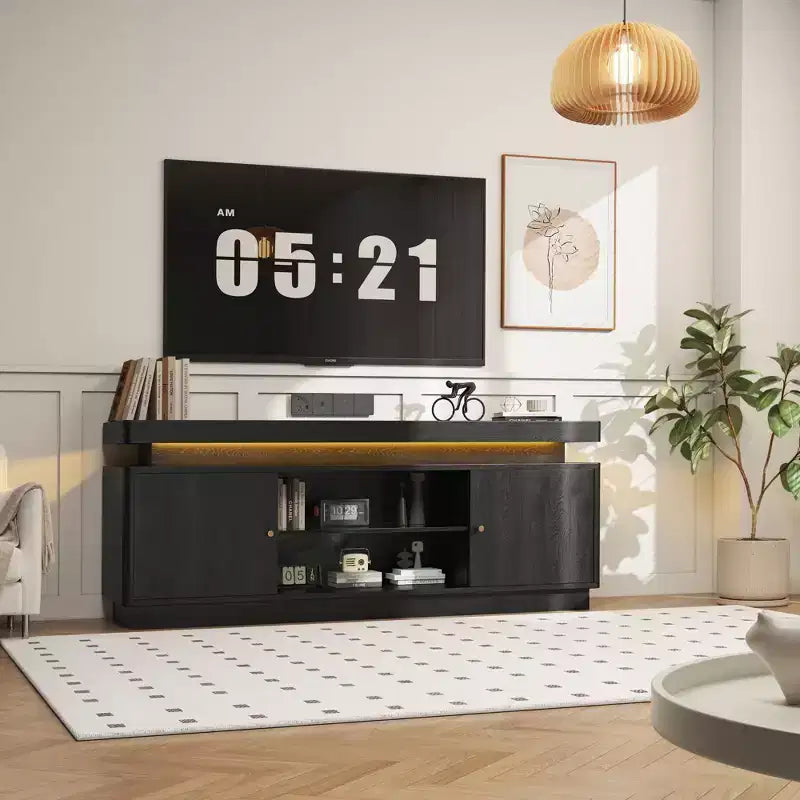 Mobile TV moderno nero/marrone con prese di corrente, adatto per TV fino a 65", 2 ante