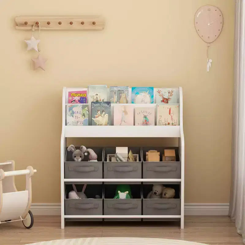 MAYEERTY Bookshelf with 6 Fabric Storage Bins, Multifunctional Children's Bookcase and Toy Organzier White