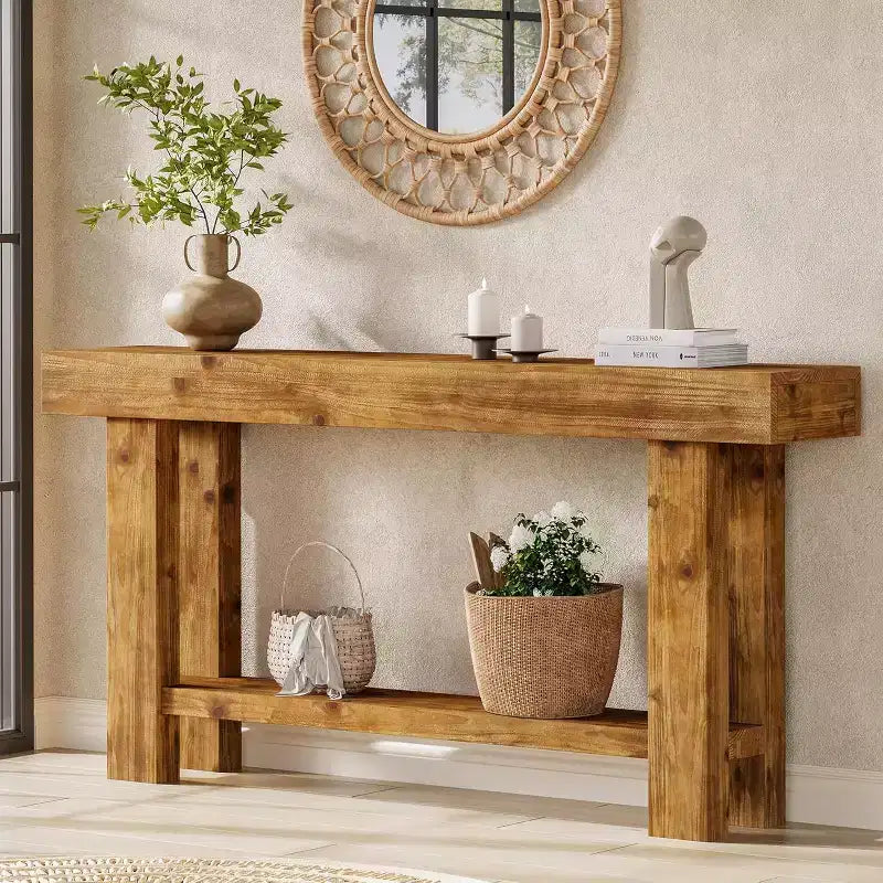 Tribesigns 63-Inch Solid Wood Long Console Table, 2-Tier Storage Farmhouse Sofa Table, for Living Room, Hallway, Entrance, Foyer, Rustic Brown