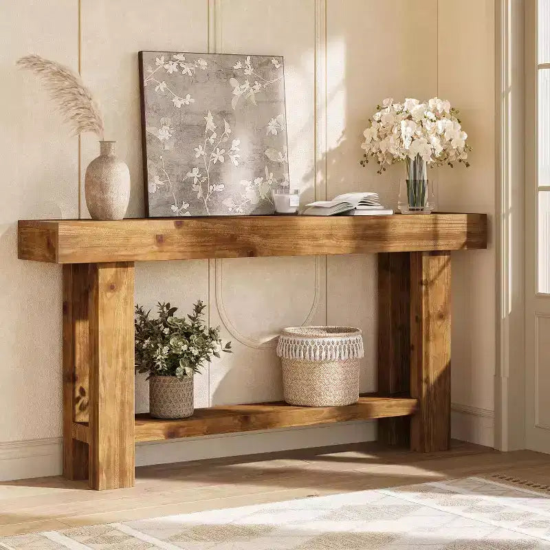 Consolle a 2 ripiani in stile rustico, Marrone, 160 cm