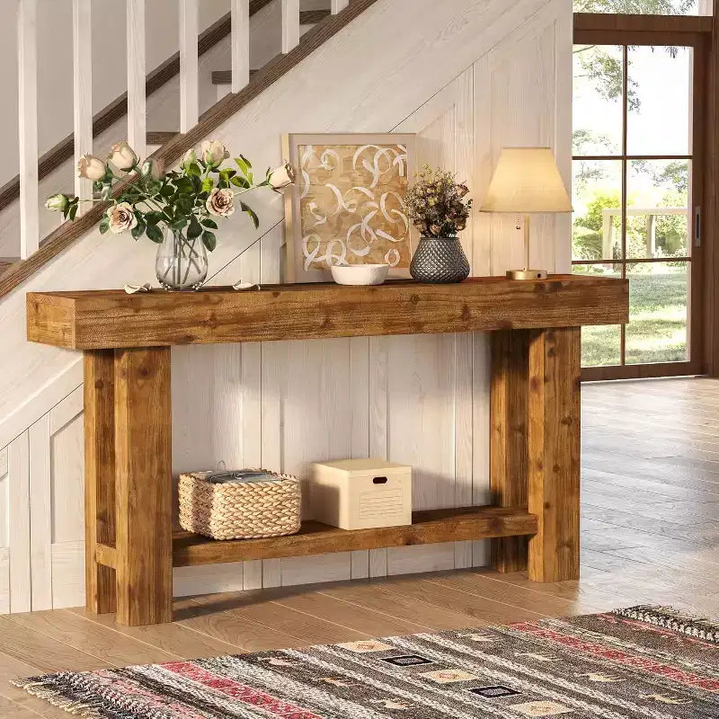 Consolle a 2 ripiani in stile rustico, Marrone, 160 cm