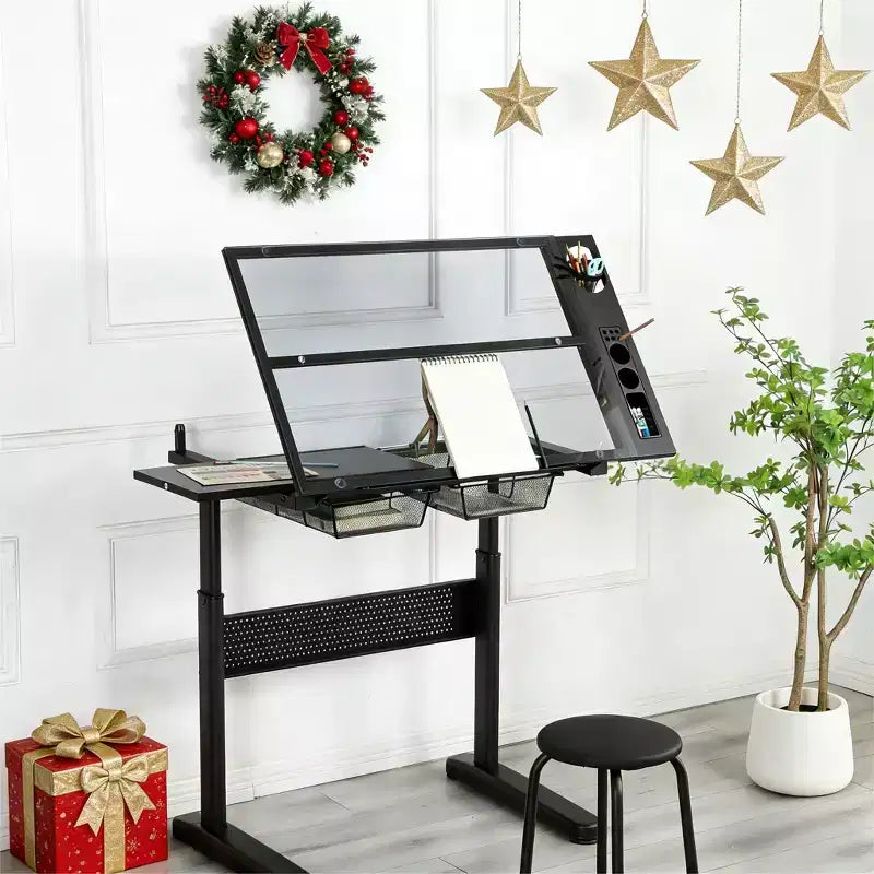 JVNOXK Hand-Crank Adjustable Drafting Table (with 2 Metal Drawers, Black) Includes Stool