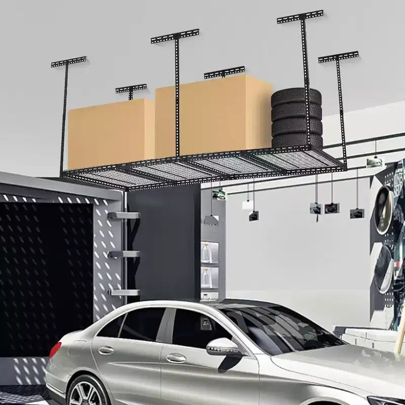 Scaffale pensile da garage 4x8, portapacchi da soffitto per garage regolabile in altezza 22-40 con 4 montanti verticali, capacità di peso 660 libbre