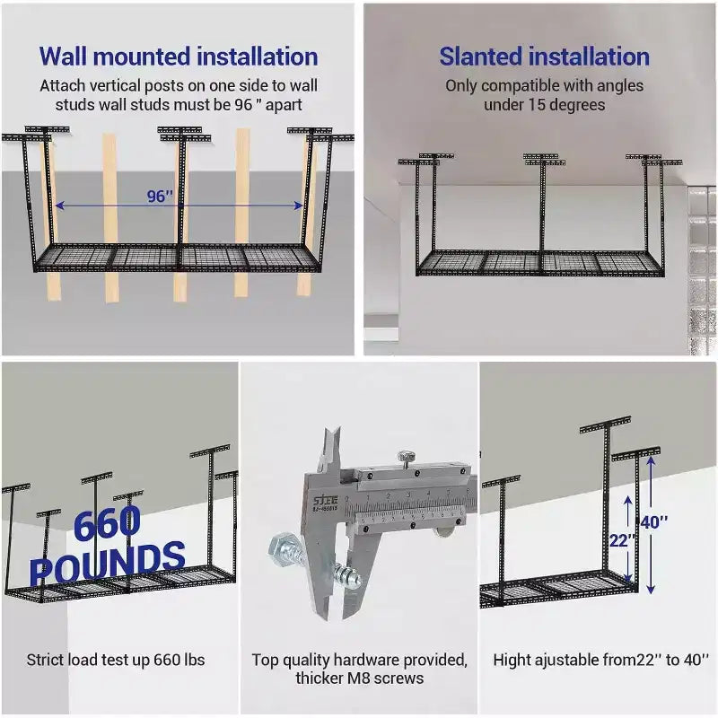 Scaffale pensile da garage 4x8, portapacchi da soffitto per garage regolabile in altezza 22-40 con 4 montanti verticali, capacità di peso 660 libbre