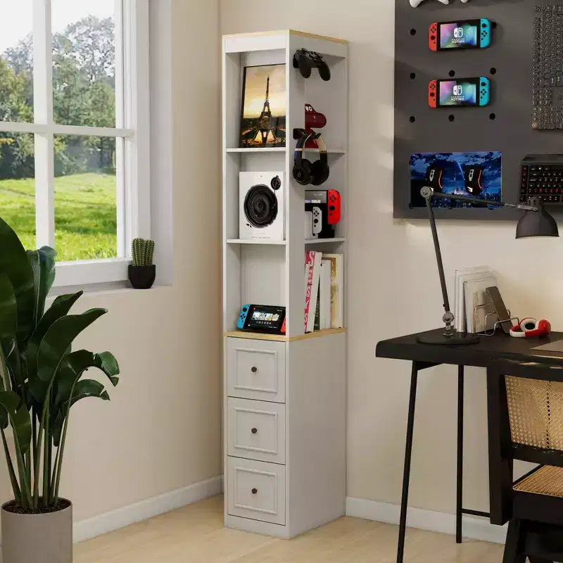 73 Tall Slim Storage Cabinet, 3-Tier Media Storage Cabinet with 3 Drawers and 2 Hooks, Bookcase Display Storage Shelves, Cube CD, DVD, game console