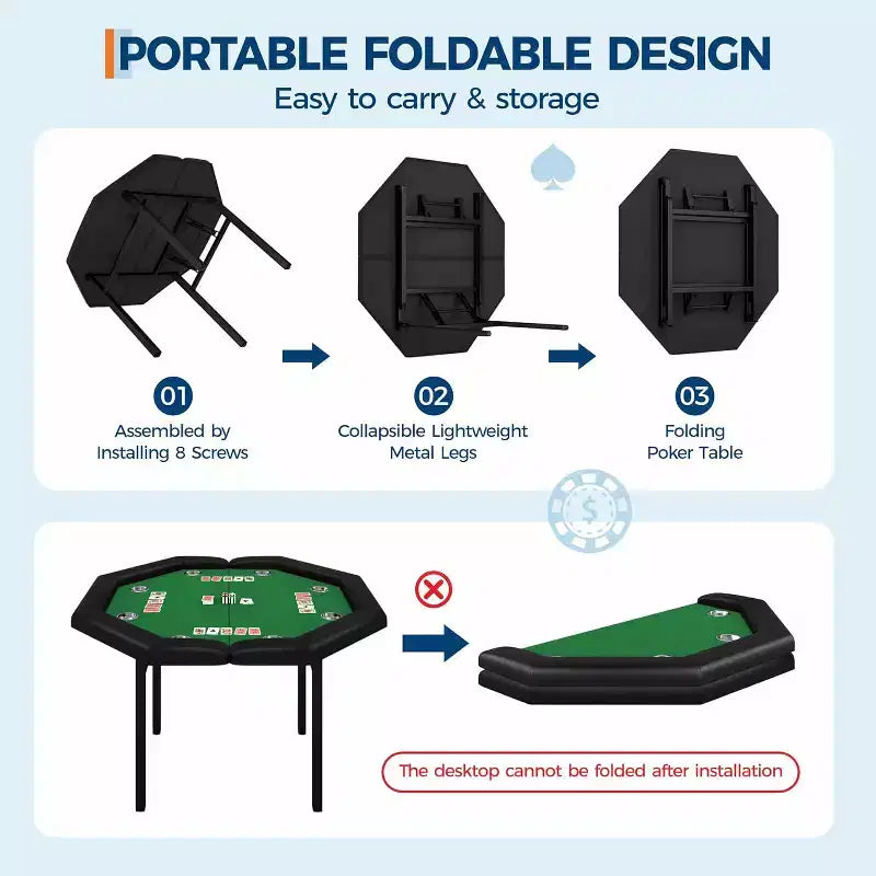Tavolo da poker ottagonale pieghevole Blu/Verde/Rosso per 8 giocatori