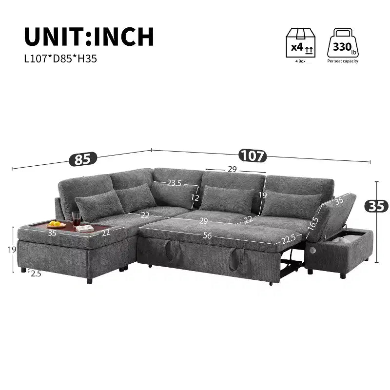 Divano sezionale estraibile a L beige/grigio con pouf contenitore e bracciolo di ricarica, 6 posti