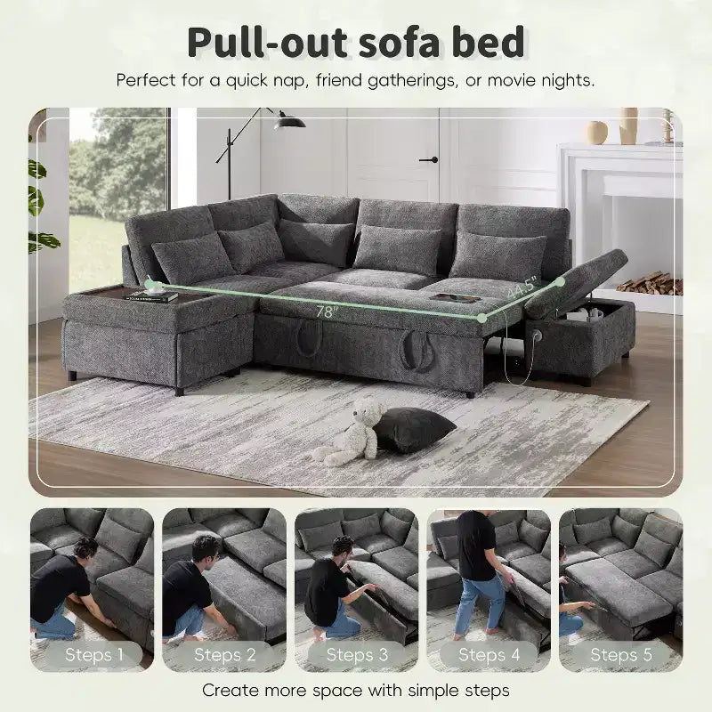 Divano sezionale estraibile a L beige/grigio con pouf contenitore e bracciolo di ricarica, 6 posti