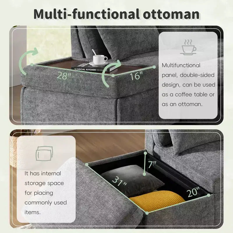 Divano sezionale estraibile a L beige/grigio con pouf contenitore e bracciolo di ricarica, 6 posti