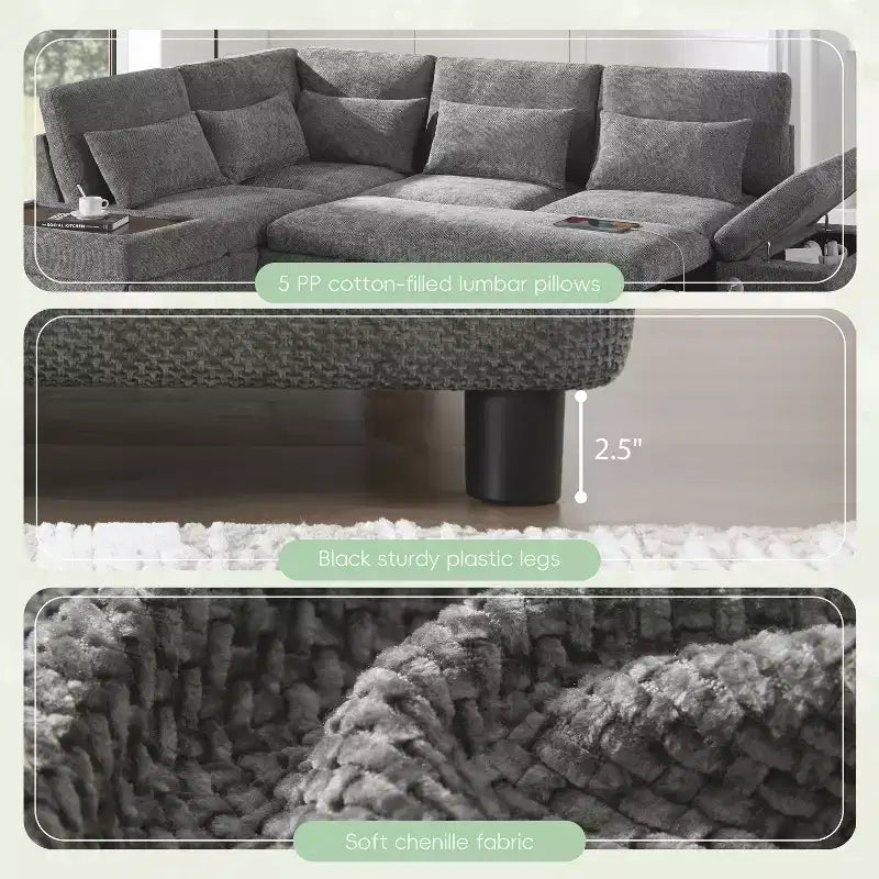 Divano sezionale estraibile a L beige/grigio con pouf contenitore e bracciolo di ricarica, 6 posti