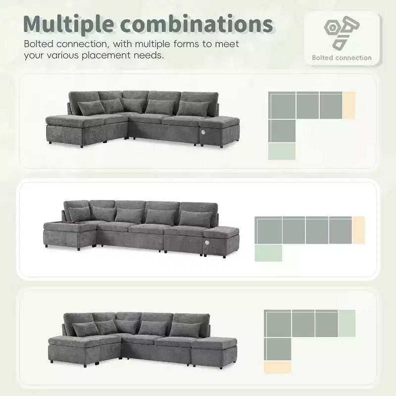 Divano sezionale estraibile a L beige/grigio con pouf contenitore e bracciolo di ricarica, 6 posti
