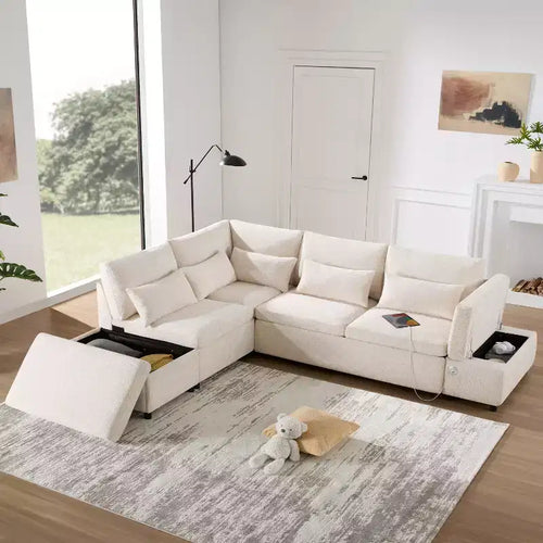Divano sezionale estraibile a L beige/grigio con pouf contenitore e bracciolo di ricarica, 6 posti