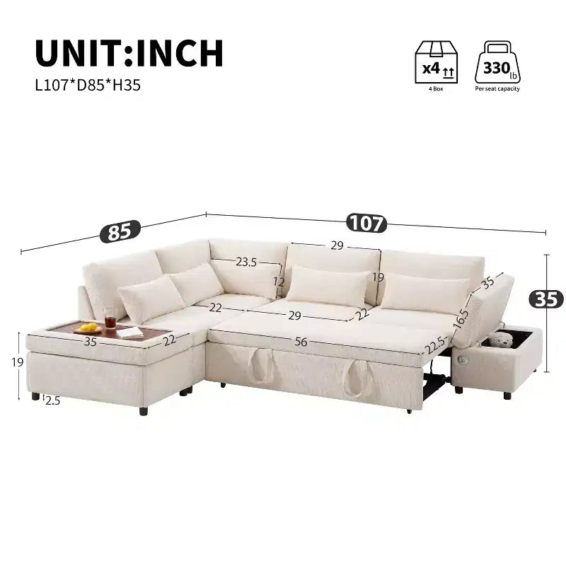 Divano sezionale estraibile a L beige/grigio con pouf contenitore e bracciolo di ricarica, 6 posti