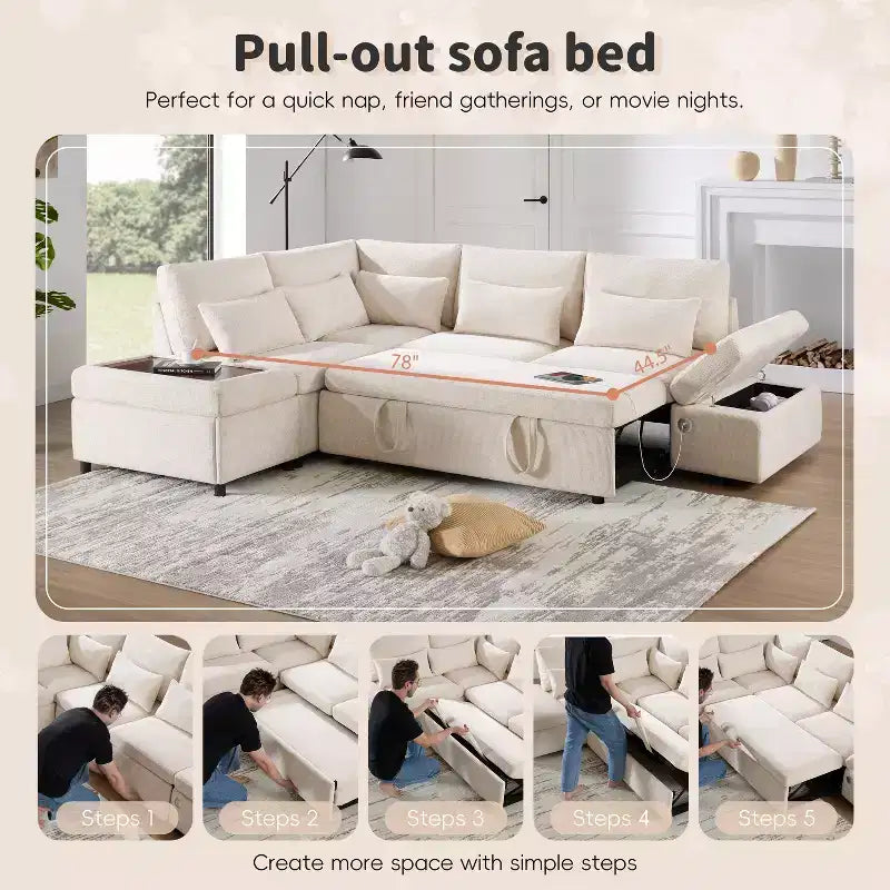 Divano sezionale estraibile a L beige/grigio con pouf contenitore e bracciolo di ricarica, 6 posti