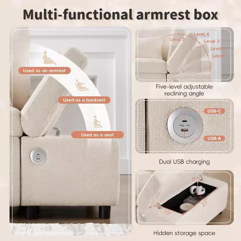 Divano sezionale estraibile a L beige/grigio con pouf contenitore e bracciolo di ricarica, 6 posti