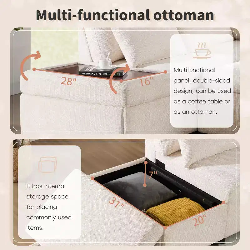 Divano sezionale estraibile a L beige/grigio con pouf contenitore e bracciolo di ricarica, 6 posti