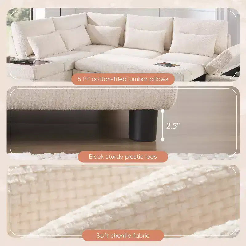 Divano sezionale estraibile a L beige/grigio con pouf contenitore e bracciolo di ricarica, 6 posti