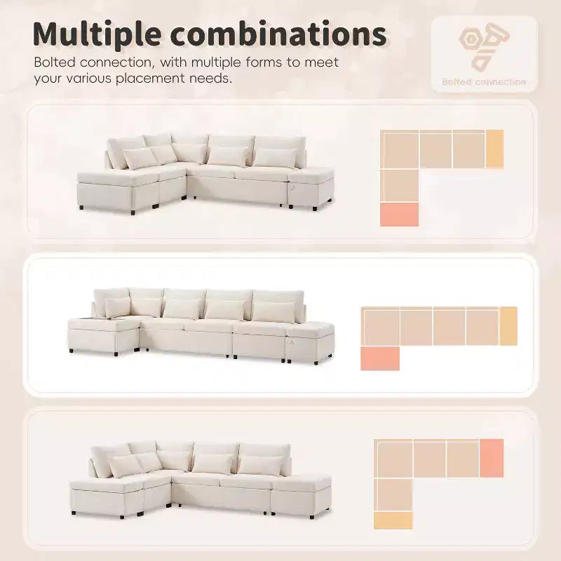 Divano sezionale estraibile a L beige/grigio con pouf contenitore e bracciolo di ricarica, 6 posti