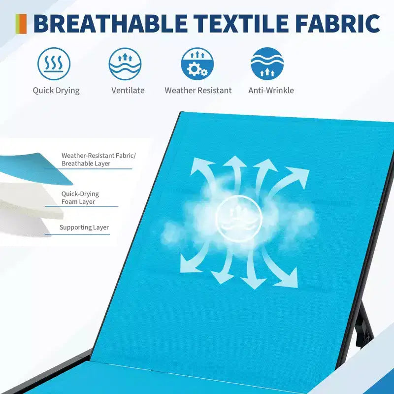 Set Lettini Prendisole in Textilene Blu/Marrone con Tavolino, 2 Posti, 3 Pezzi