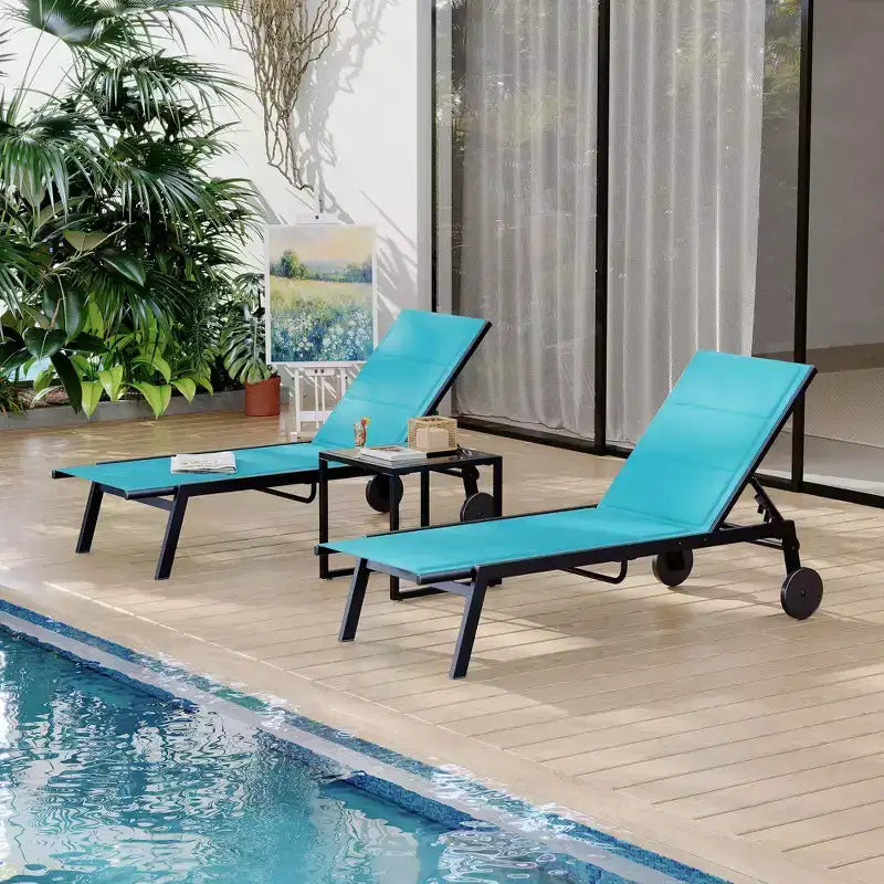 Set Lettini Prendisole in Textilene Blu/Marrone con Tavolino, 2 Posti, 3 Pezzi