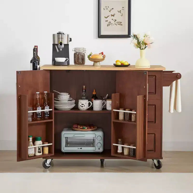 Isola da Cucina Mobile Marrone/Bianca con Anta a Ribalta – Mobiletto a 2 Ante, 3 Cassetti, per 1-2 Persone