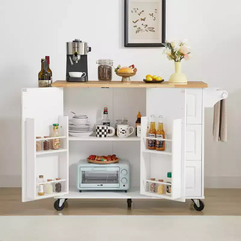 Isola da Cucina Mobile Marrone/Bianca con Anta a Ribalta – Mobiletto a 2 Ante, 3 Cassetti, per 1-2 Persone