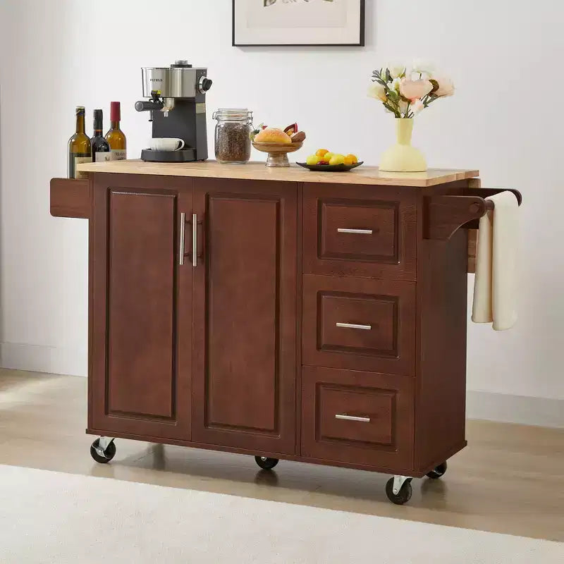 Isola da Cucina Mobile Marrone/Bianca con Anta a Ribalta – Mobiletto a 2 Ante, 3 Cassetti, per 1-2 Persone