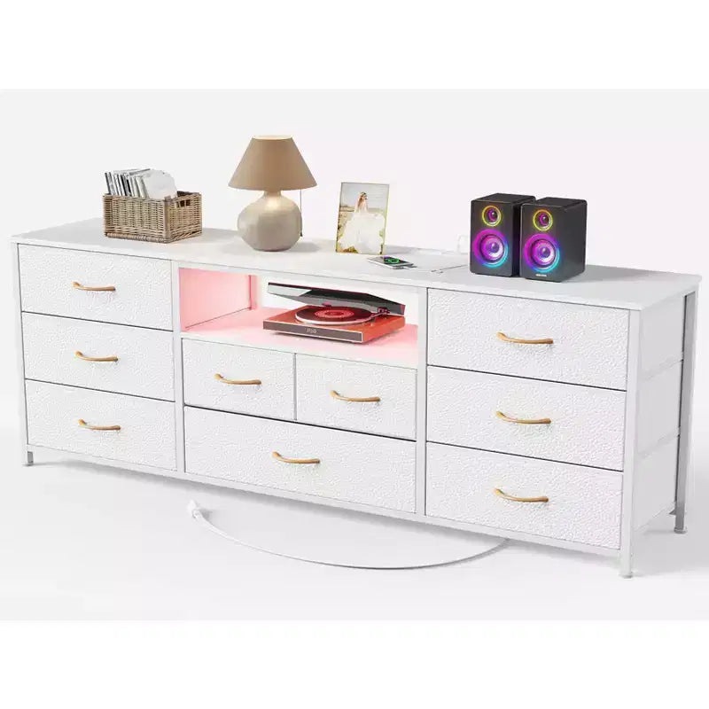 Cassettiera bianca a 9 cassetti con supporto TV a LED e stazione di ricarica, per 1-2 utenti