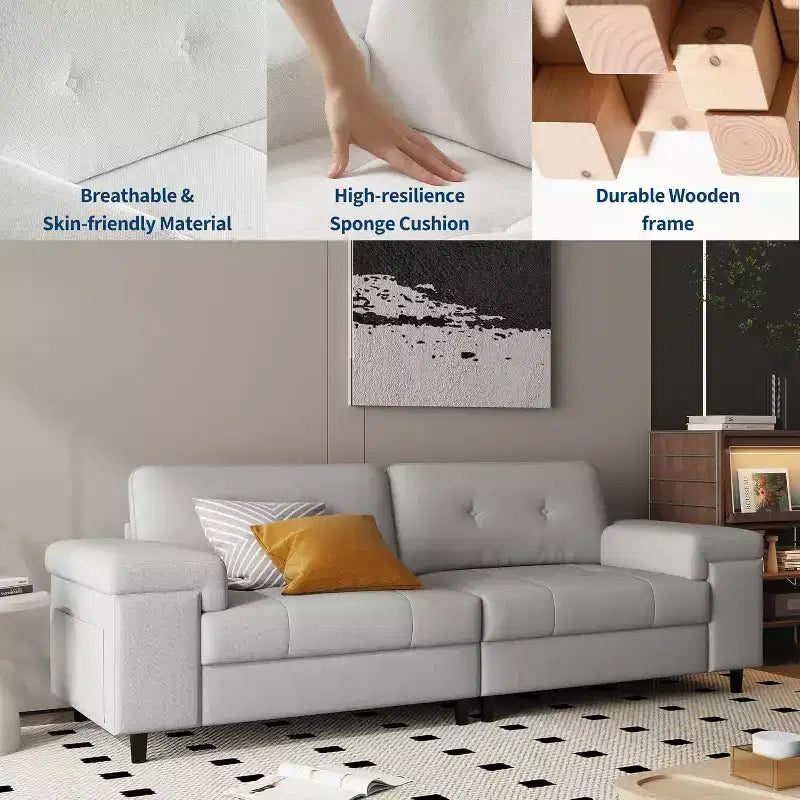 Divano a 3 posti Beige Bianco / Grigio Chiaro con braccioli regolabili e schienale trapuntato