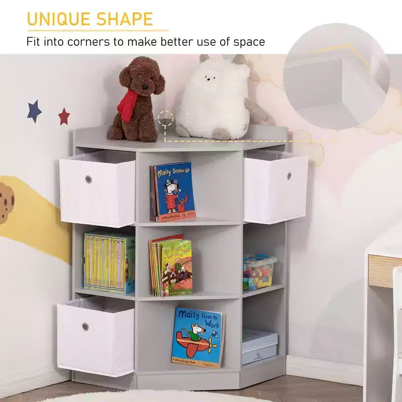 Libreria ad angolo grigia e contenitore per giocattoli con cesti, per bambini dai 3 ai 12 anni