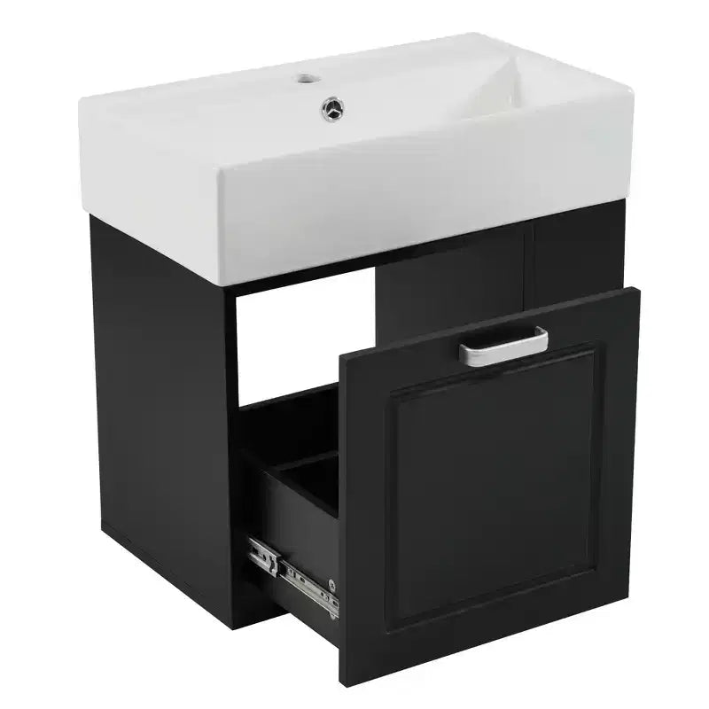 Mobile bagno sospeso da 55 cm con lavabo in ceramica e cassetto, nero/bianco, lavabo singolo