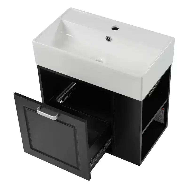 Mobile bagno sospeso da 55 cm con lavabo in ceramica e cassetto, nero/bianco, lavabo singolo
