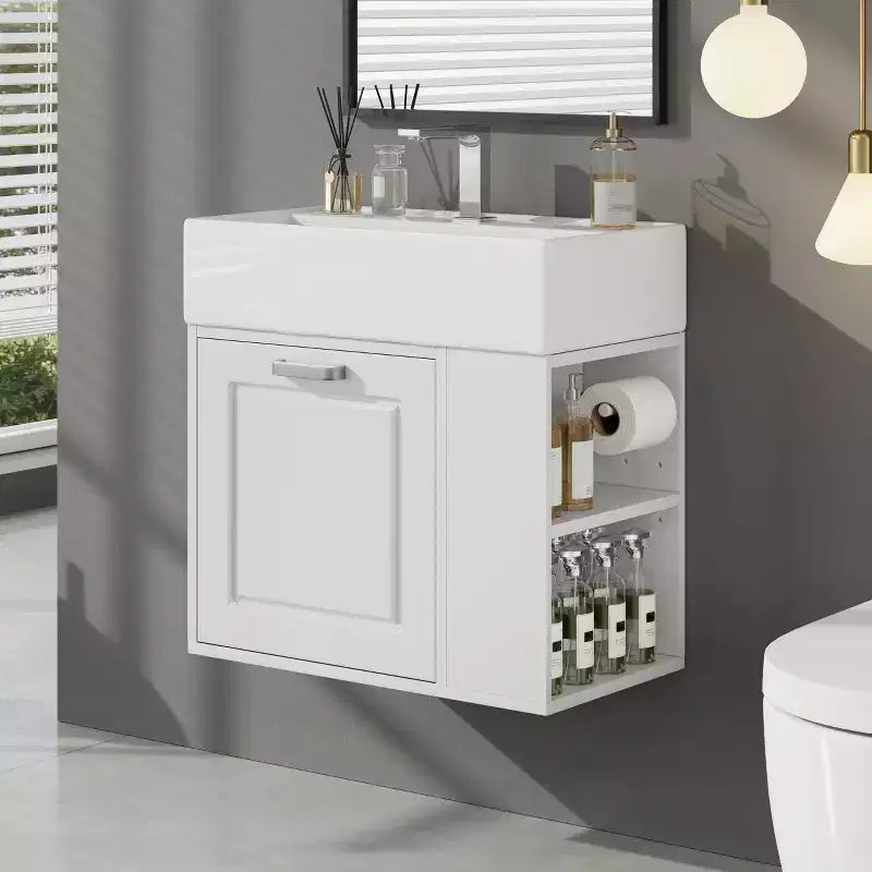 Mobile bagno sospeso da 55 cm con lavabo in ceramica e cassetto, nero/bianco, lavabo singolo