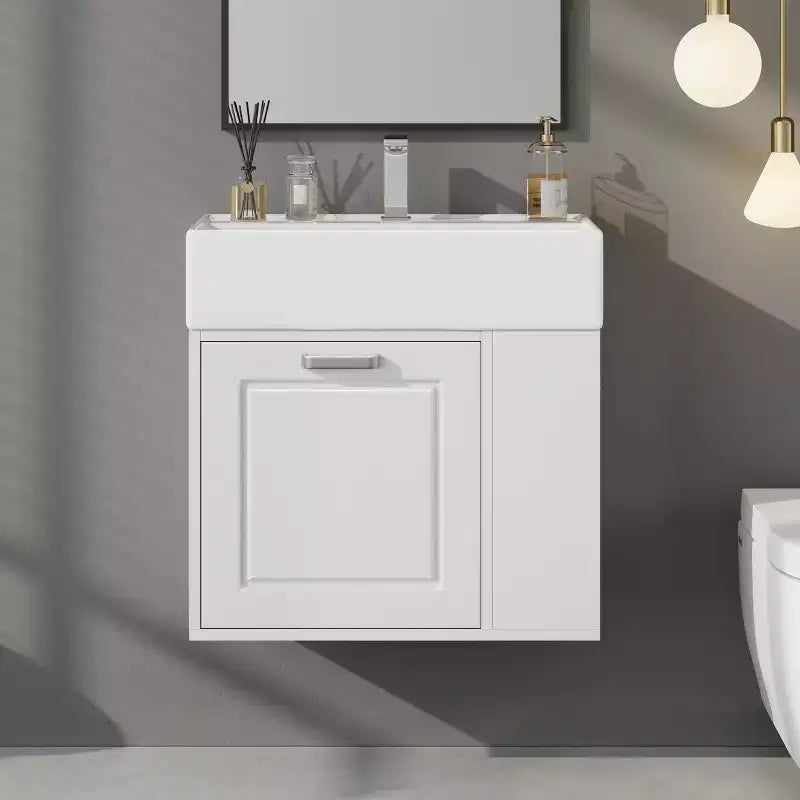 Mobile bagno sospeso da 55 cm con lavabo in ceramica e cassetto, nero/bianco, lavabo singolo