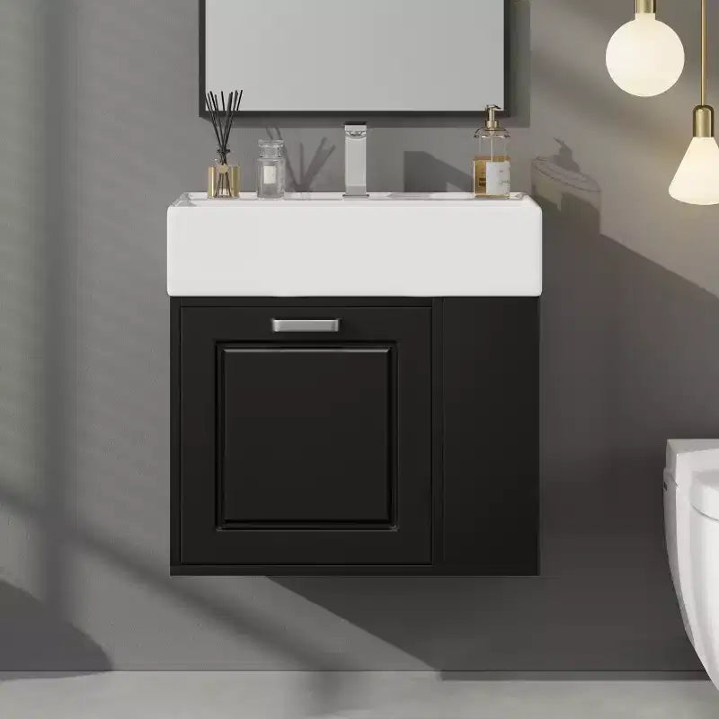 Mobile bagno sospeso da 55 cm con lavabo in ceramica e cassetto, nero/bianco, lavabo singolo