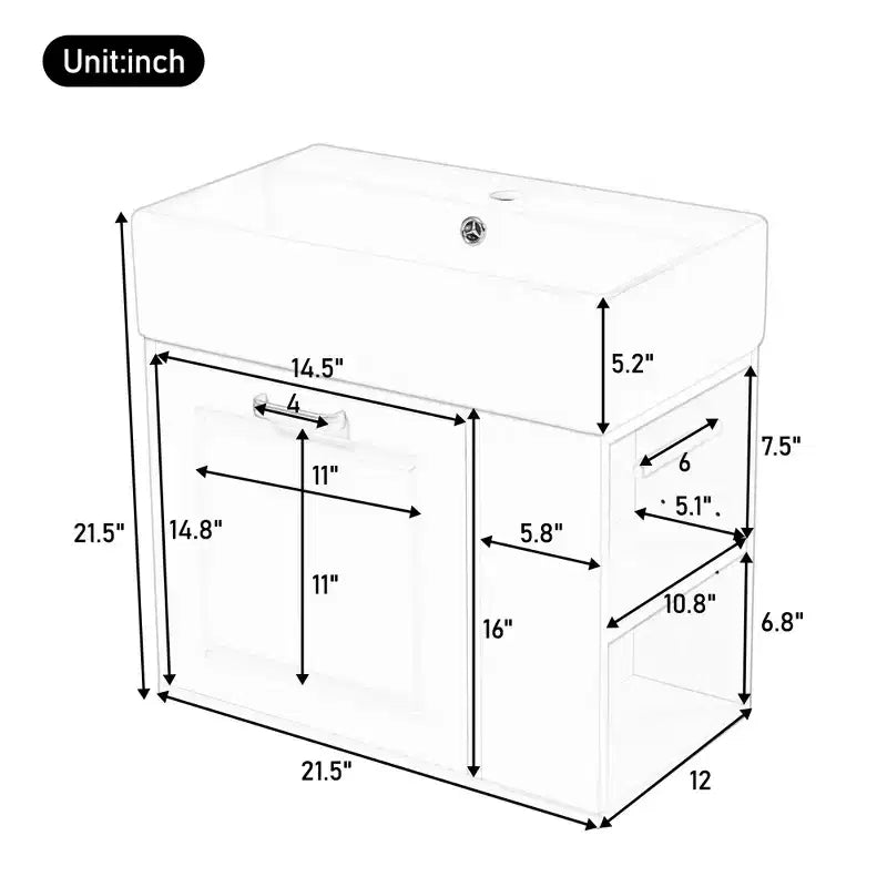 Mobile bagno sospeso da 55 cm con lavabo in ceramica e cassetto, nero/bianco, lavabo singolo