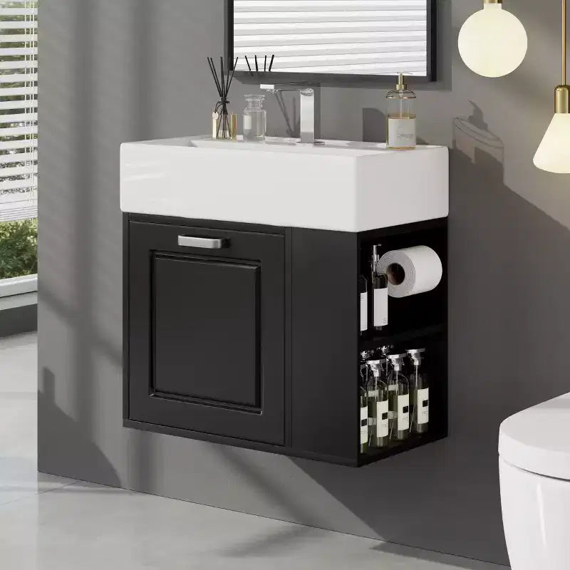 Mobile bagno sospeso da 55 cm con lavabo in ceramica e cassetto, nero/bianco, lavabo singolo