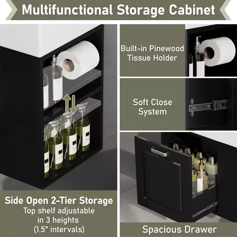 Mobile bagno sospeso da 55 cm con lavabo in ceramica e cassetto, nero/bianco, lavabo singolo