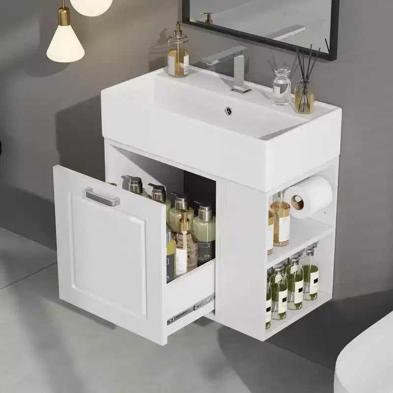 Mobile bagno sospeso da 55 cm con lavabo in ceramica e cassetto, nero/bianco, lavabo singolo