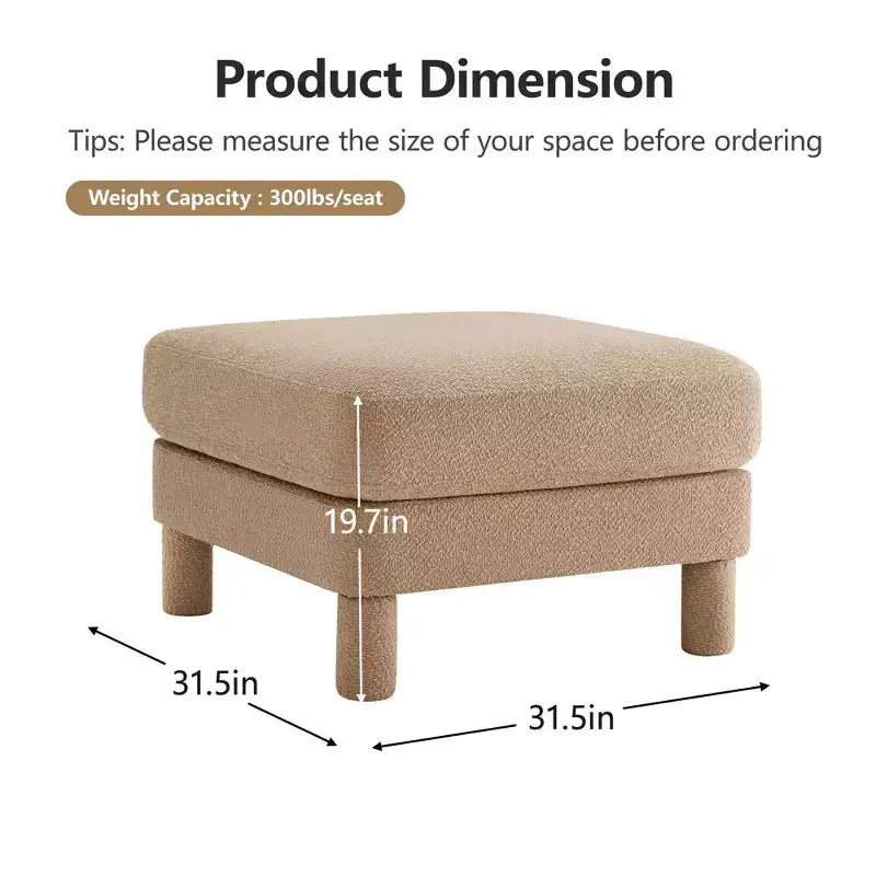 Pouf ottomano quadrato in bouclé beige/caffè/verde, poggiapiedi singolo