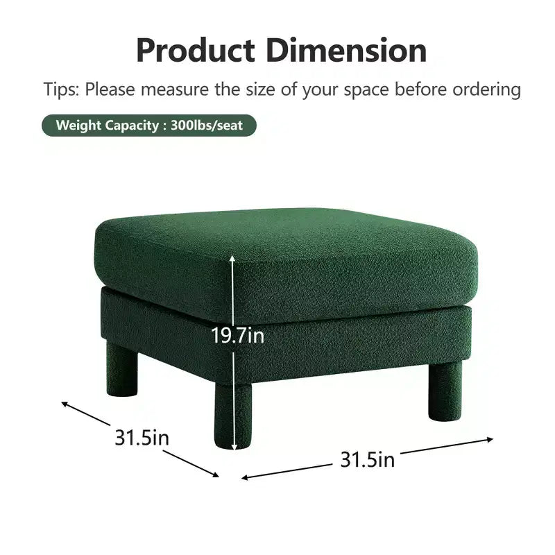 Pouf ottomano quadrato in bouclé beige/caffè/verde, poggiapiedi singolo