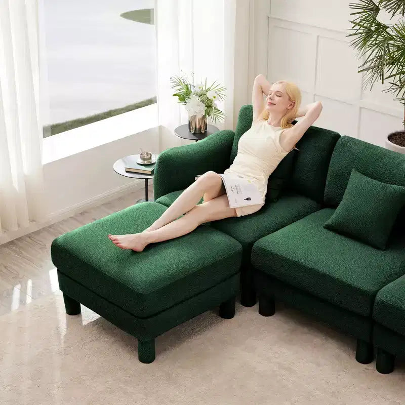 Pouf ottomano quadrato in bouclé beige/caffè/verde, poggiapiedi singolo