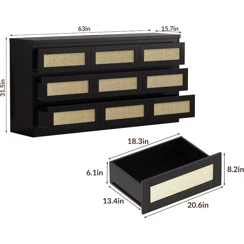 Cassettiera Nera/Bianca in Rattan a 9 Cassetti con Stazione di Ricarica, Stile Rustico, per 1 Persona