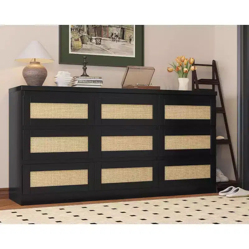 Rattan 9 Drawer Dresser with Charging Station, Farmhouse Chest of Drawers, Wide Closet Dresser Storage Organizer for Bedroom, Living Room, Entryway