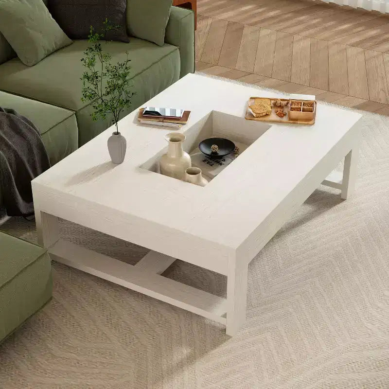 Tavolino da Caffè in Legno Venato Bianco con Contenitore – Rettangolare / Quadrato, Posti a Sedere 1