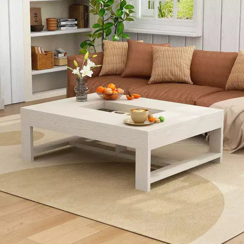 Tavolino da Caffè in Legno Venato Bianco con Contenitore – Rettangolare / Quadrato, Posti a Sedere 1