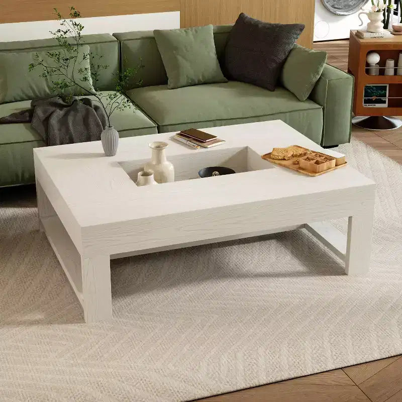 Tavolino da Caffè in Legno Venato Bianco con Contenitore – Rettangolare / Quadrato, Posti a Sedere 1