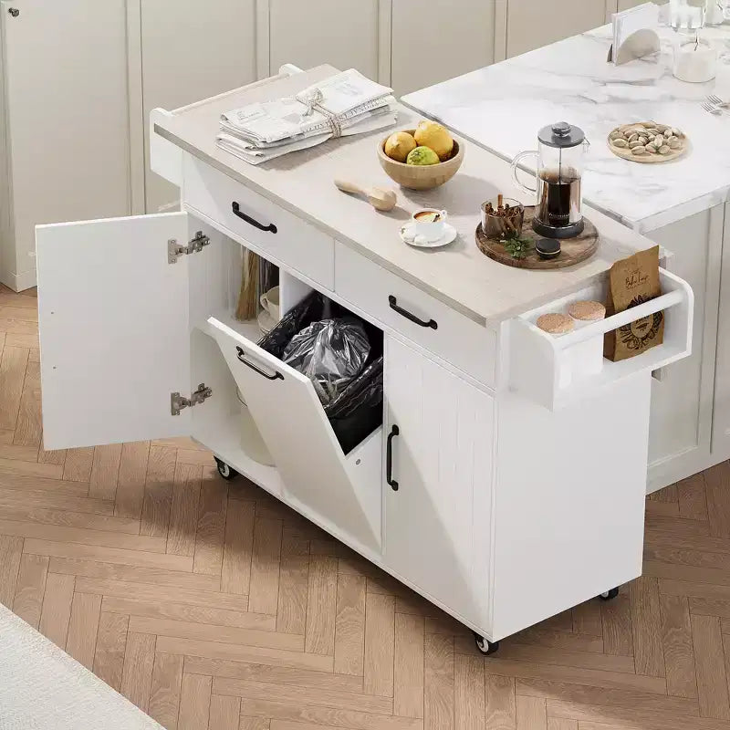 Isola da Cucina Bianca Rotante con Piano Ribaltabile, Mobile per la Spazzatura e Cassetti su Ruote